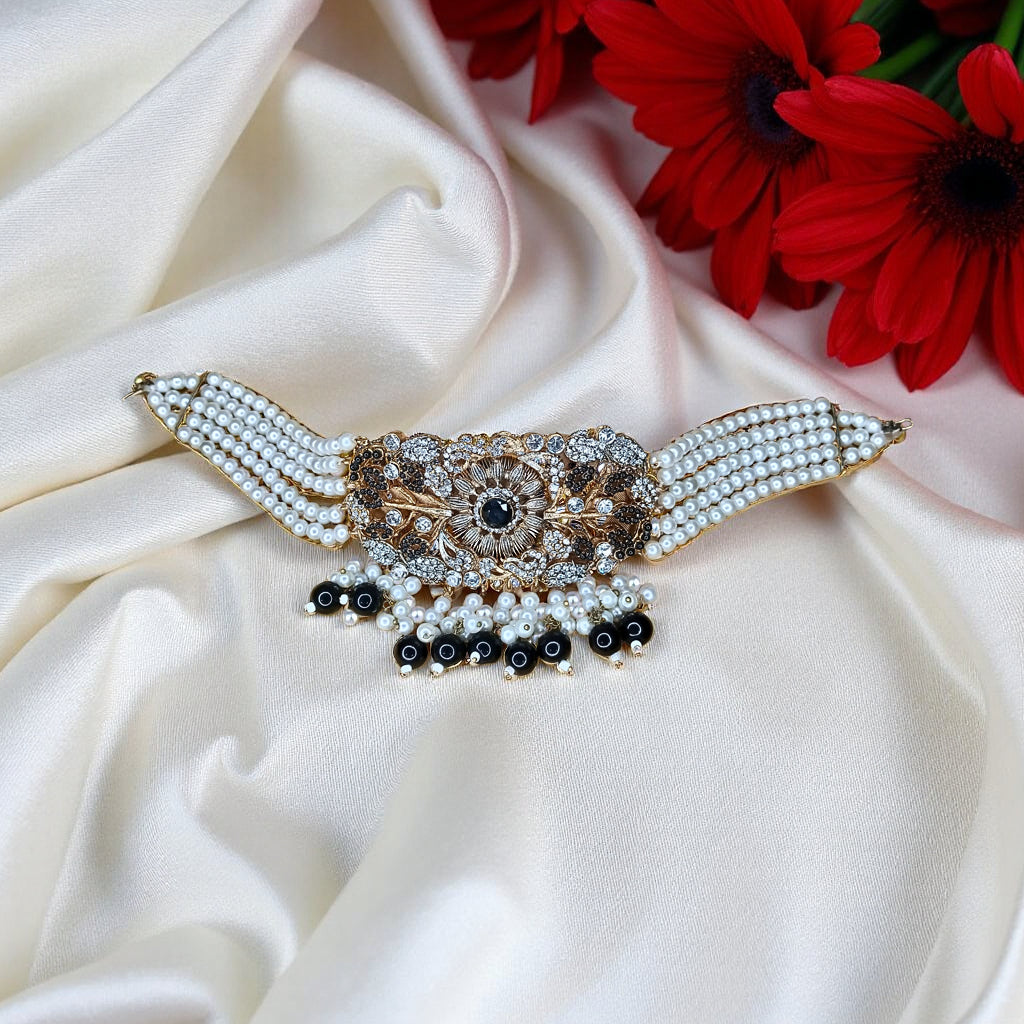 Black Luxe Pearl Choker Set with Tikka - 10006