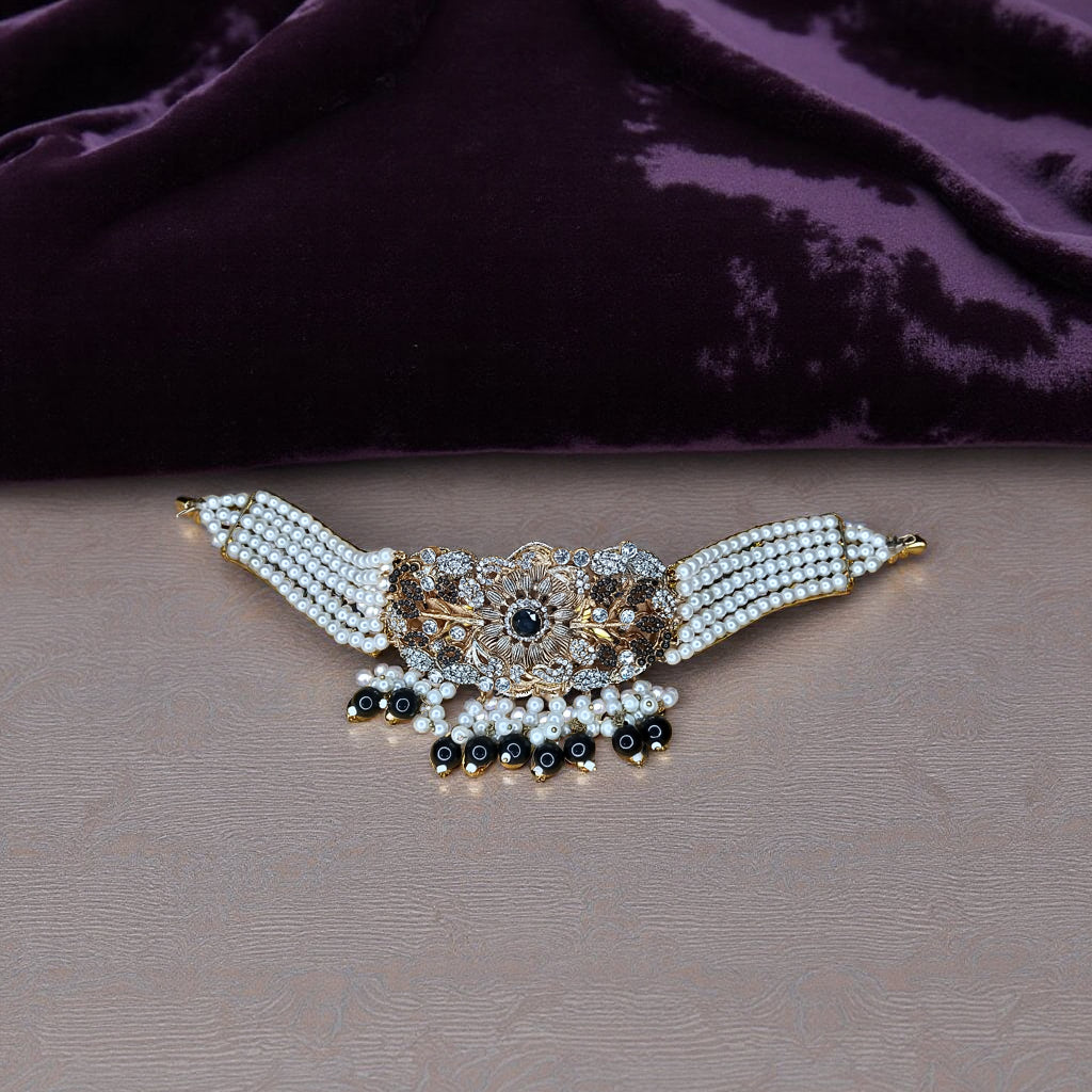 Black Luxe Pearl Choker Set with Tikka - 10006